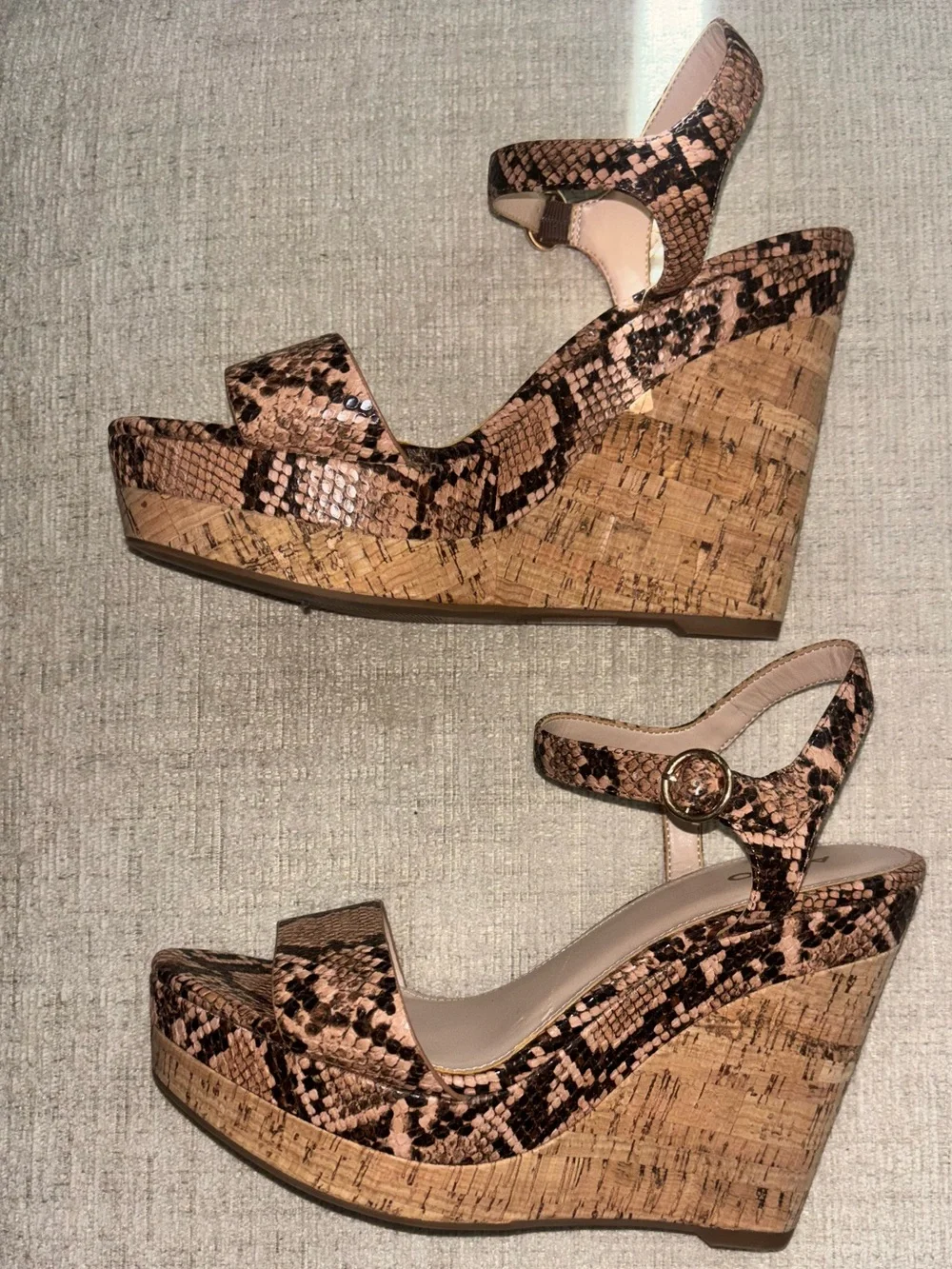 ALDO Snake Print Cork Platform Wedge Sandals Heels 8.5 Buckle Neutral Date Night